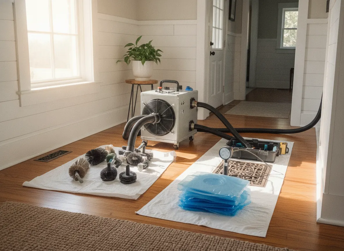 Duct cleaning equipment laid out in a home entryway