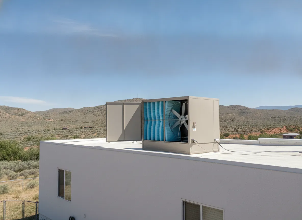 Rooftop evaporative cooler with its side panel open on a Reno-area home