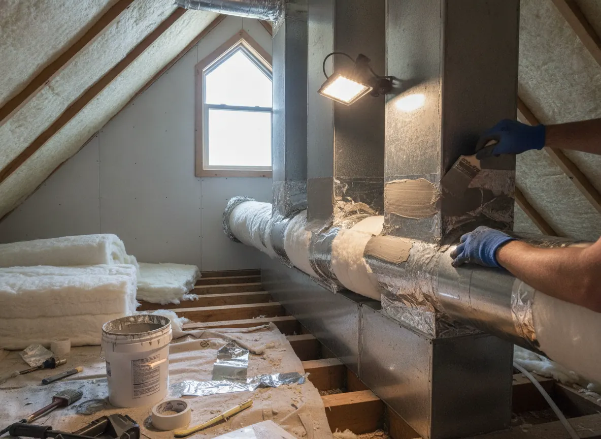 Attic ductwork joints sealed with mastic and foil tape