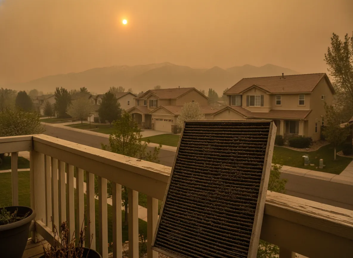 Wildfire smoke haze over a Reno neighborhood with a dirty HVAC filter in front
